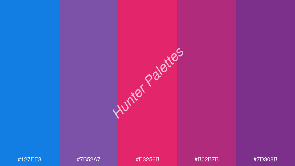 razzmatazz szín palettája a következőkkel: #127ee3 #7b52a7 #e3256b #b02b7b #7d308b