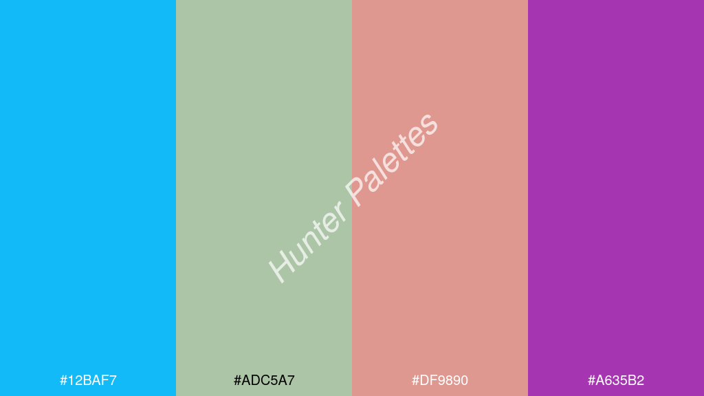 dinnye szín palettája a következőkkel: #12baf7 #adc5a7 #df9890 #a635b2