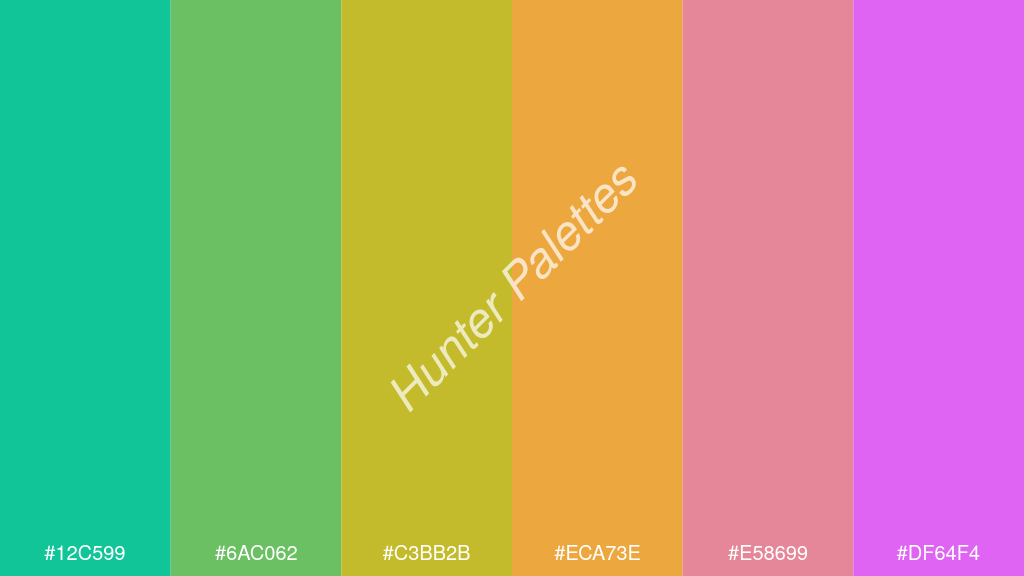 arany szín palettája a következőkkel: #12c599 #6ac062 #c3bb2b #eca73e #e58699 #df64f4