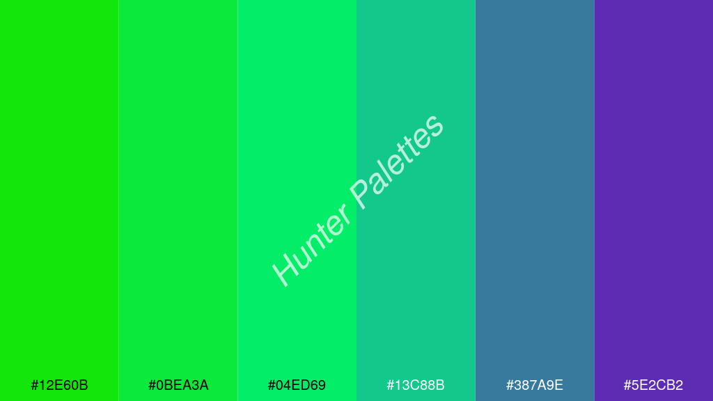foszforeszkáló zöld szín palettája a következőkkel: #12e60b #0bea3a #04ed69 #13c88b #387a9e #5e2cb2