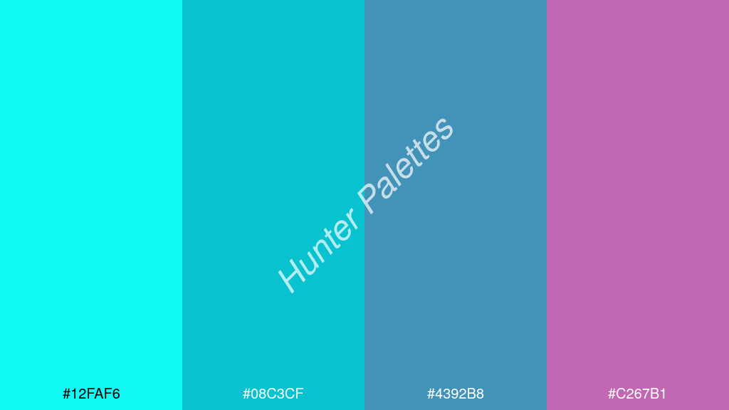 akvamarin kék szín palettája a következőkkel: #12faf6 #08c3cf #4392b8 #c267b1