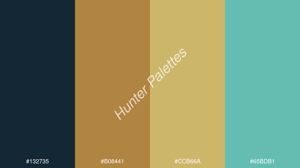pasztell narancssárga szín palettája a következőkkel: #132735 #b08441 #ccb66a #65bdb1