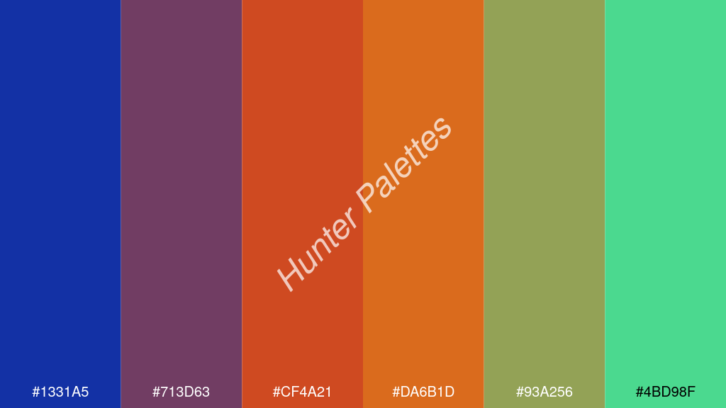 Pantone narancs szín palettája a következőkkel: #1331a5 #713d63 #cf4a21 #da6b1d #93a256 #4bd98f