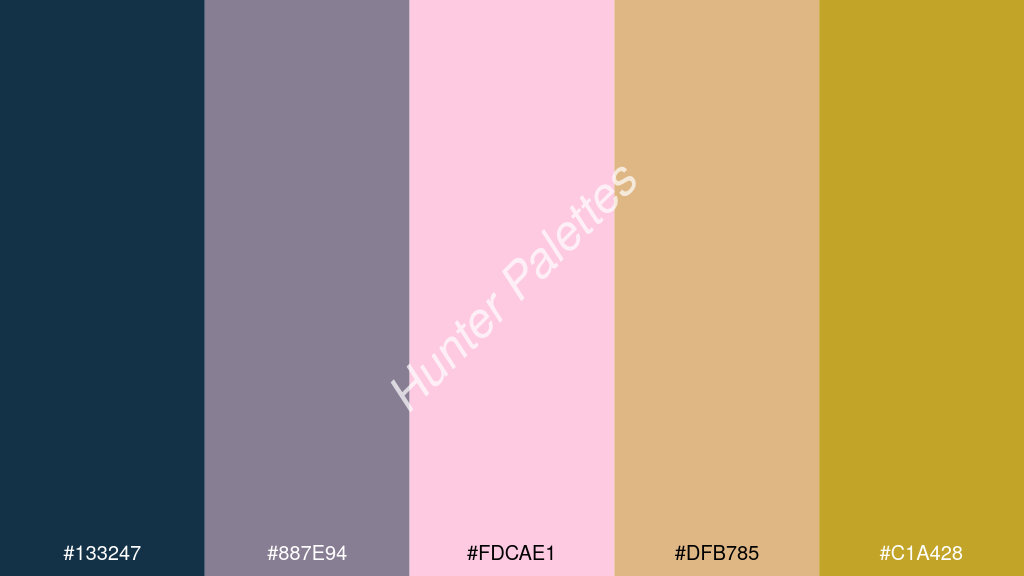 pasztell rózsaszín szín palettája a következőkkel: #133247 #887e94 #fdcae1 #dfb785 #c1a428