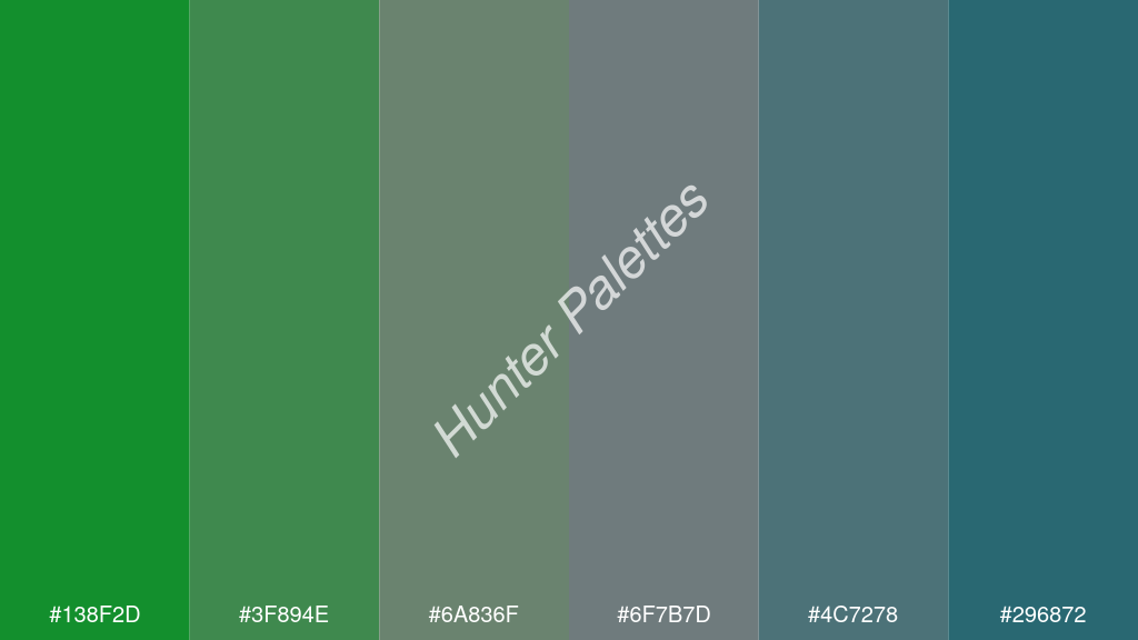 szürke szín palettája a következőkkel: #138f2d #3f894e #6a836f #6f7b7d #4c7278 #296872