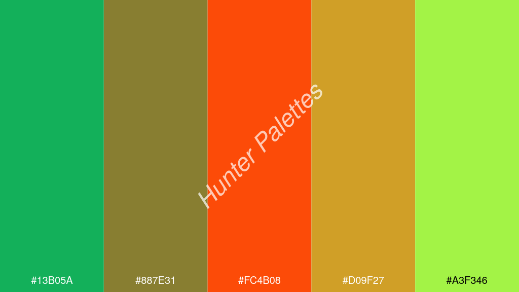 fluoreszkáló narancs szín palettája a következőkkel: #13b05a #887e31 #fc4b08 #d09f27 #a3f346