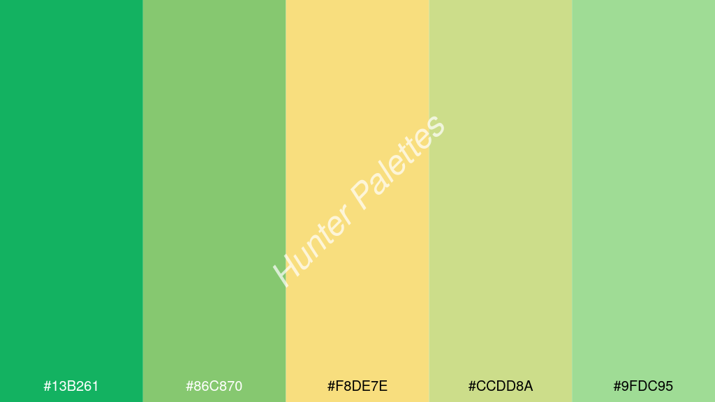jázmin szín palettája a következőkkel: #13b261 #86c870 #f8de7e #ccdd8a #9fdc95