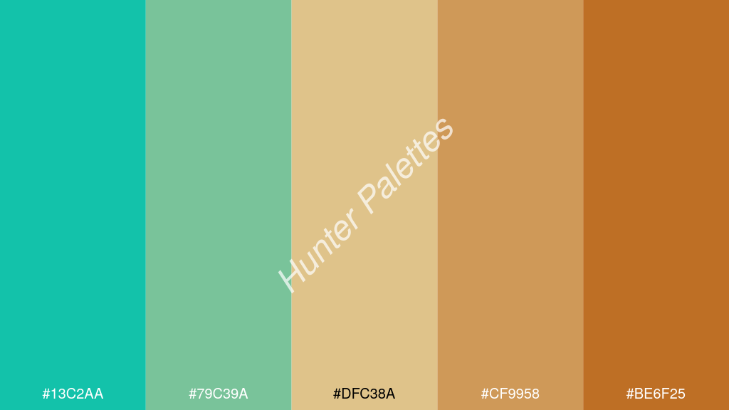 khaki szín palettája a következőkkel: #13c2aa #79c39a #dfc38a #cf9958 #be6f25