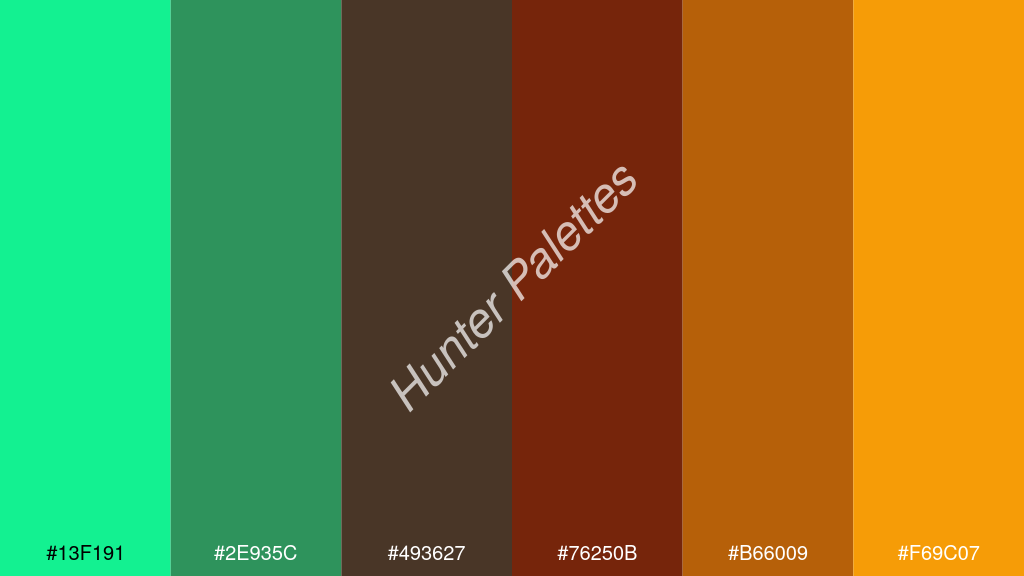 bor szín palettája a következőkkel: #13f191 #2e935c #493627 #76250b #b66009 #f69c07