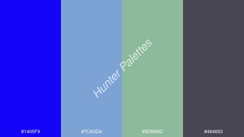 pasztellzöld szín palettája a következőkkel: #1405f9 #7ca3d4 #8db99d #484653
