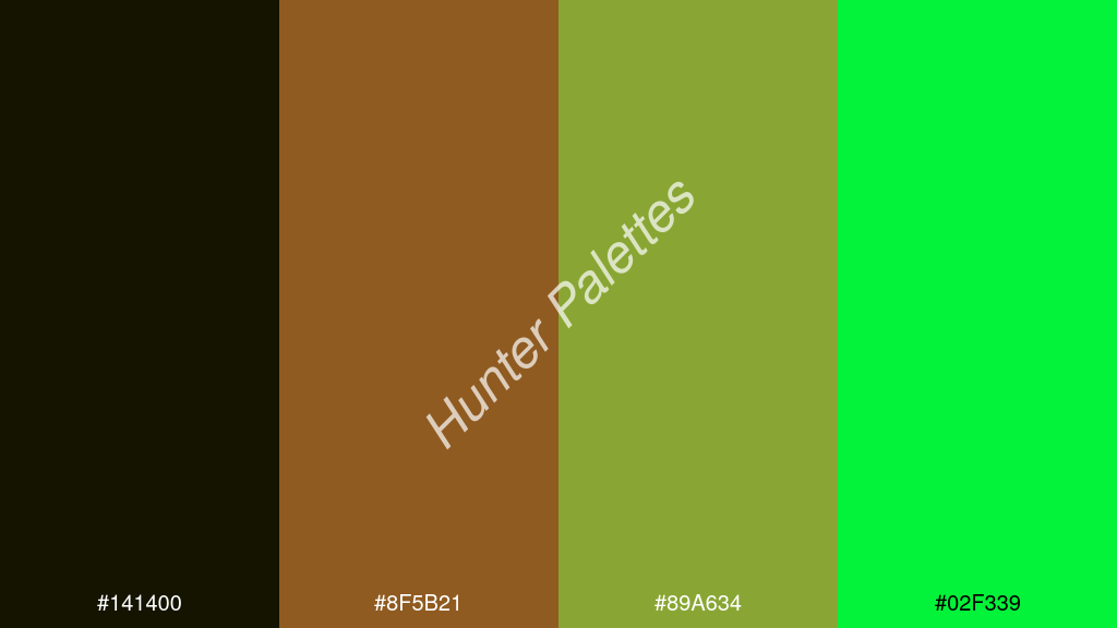 bronz szín palettája a következőkkel: #141400 #8f5b21 #89a634 #02f339