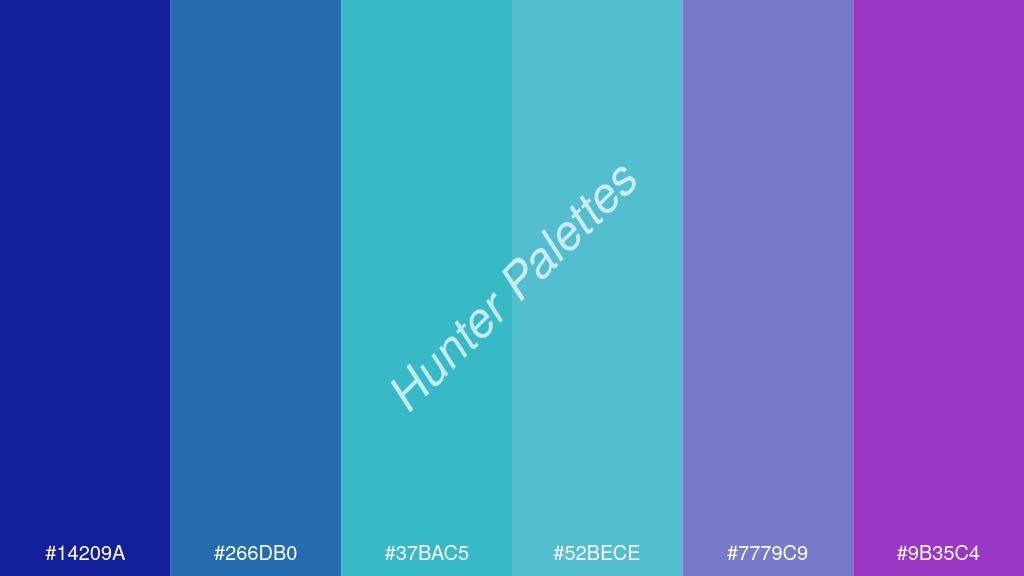 türkiz szín palettája a következőkkel: #14209a #266db0 #37bac5 #52bece #7779c9 #9b35c4