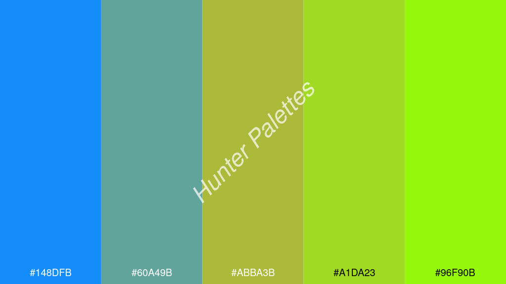 kivi szín palettája a következőkkel: #148dfb #60a49b #abba3b #a1da23 #96f90b