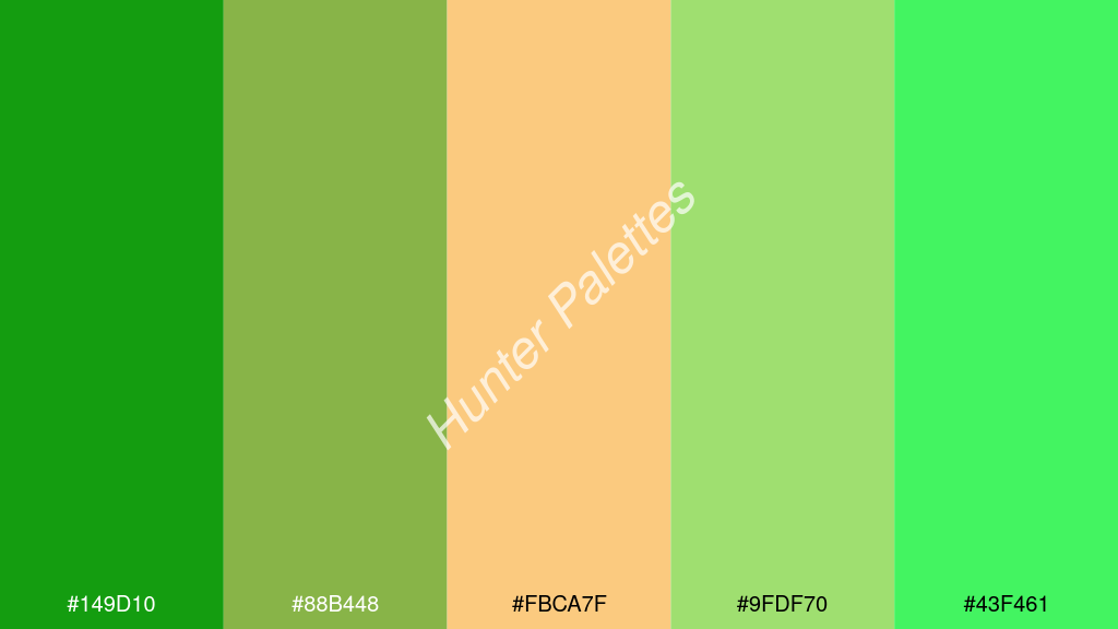 dinnye szín palettája a következőkkel: #149d10 #88b448 #fbca7f #9fdf70 #43f461