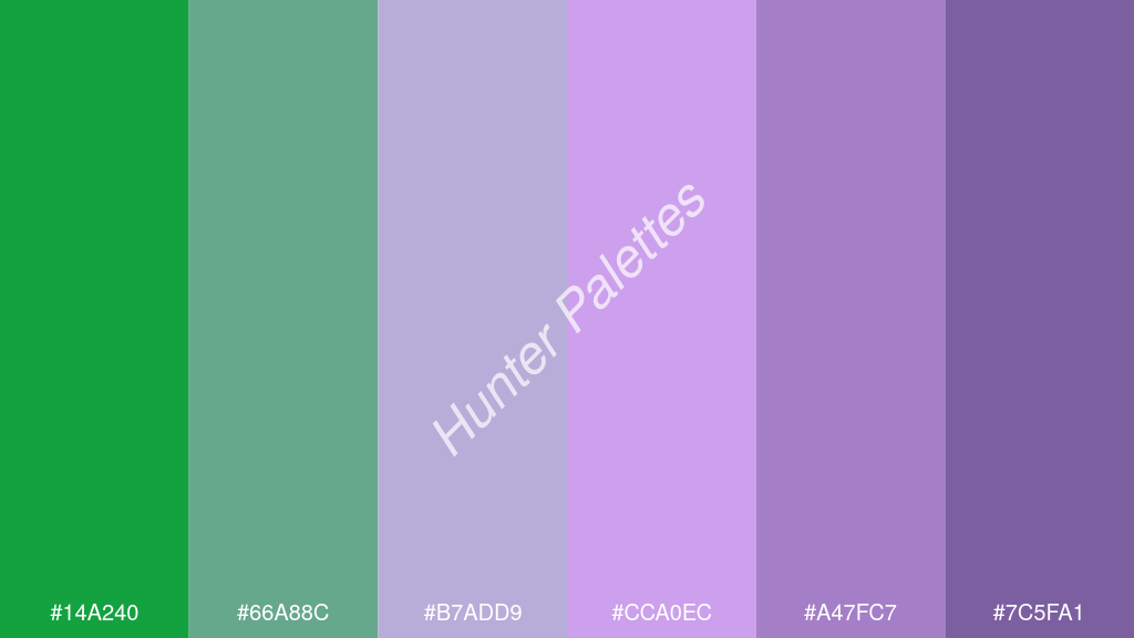 mályva szín palettája a következőkkel: #14a240 #66a88c #b7add9 #cca0ec #a47fc7 #7c5fa1