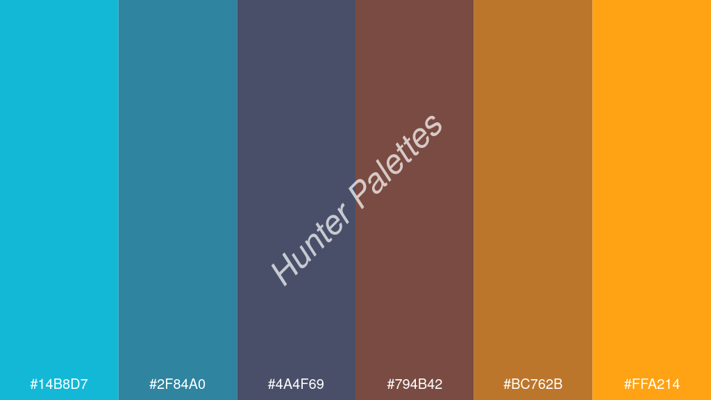 szilva szín palettája a következőkkel: #14b8d7 #2f84a0 #4a4f69 #794b42 #bc762b #ffa214