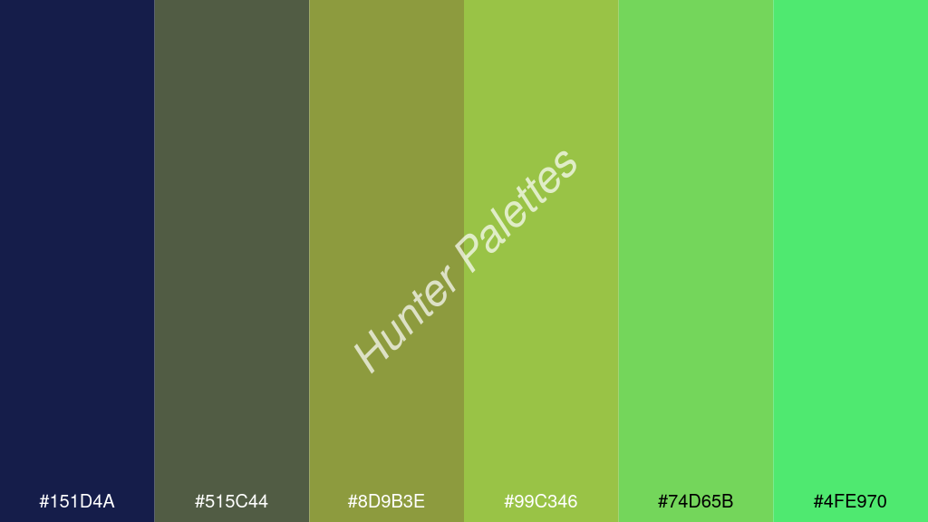 kivi szín palettája a következőkkel: #151d4a #515c44 #8d9b3e #99c346 #74d65b #4fe970