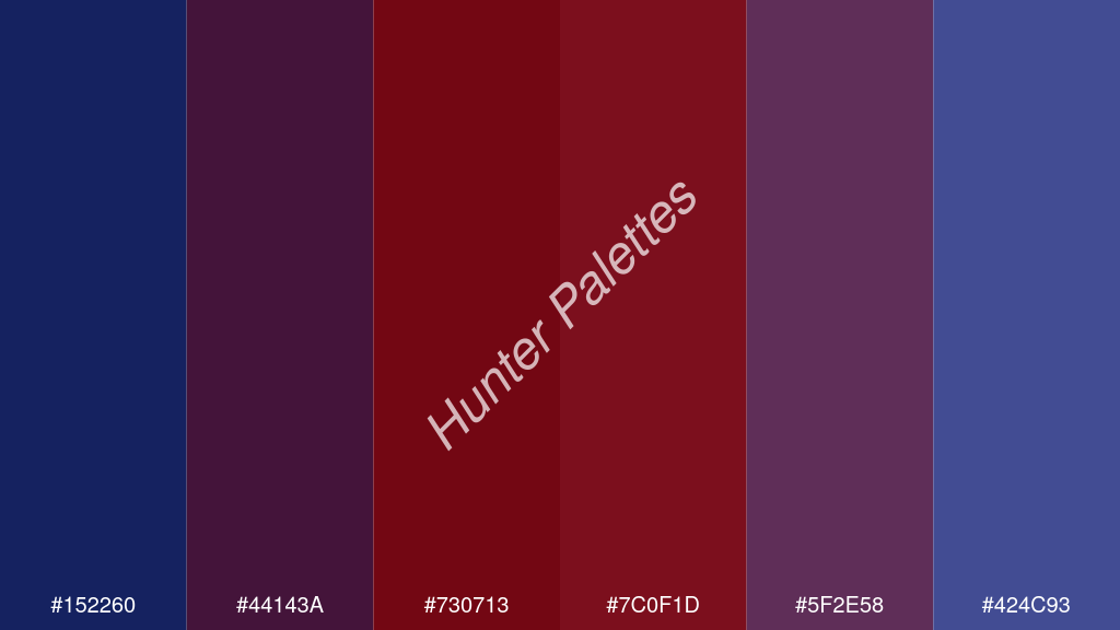 sötétvörös szín palettája a következőkkel: #152260 #44143a #730713 #7c0f1d #5f2e58 #424c93