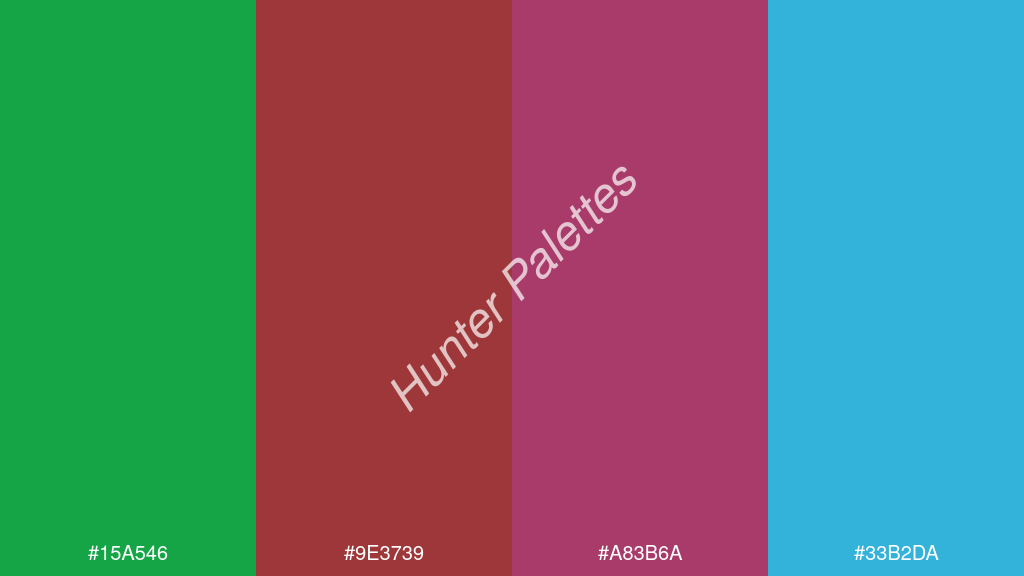 skarlát szín palettája a következőkkel: #15a546 #9e3739 #a83b6a #33b2da