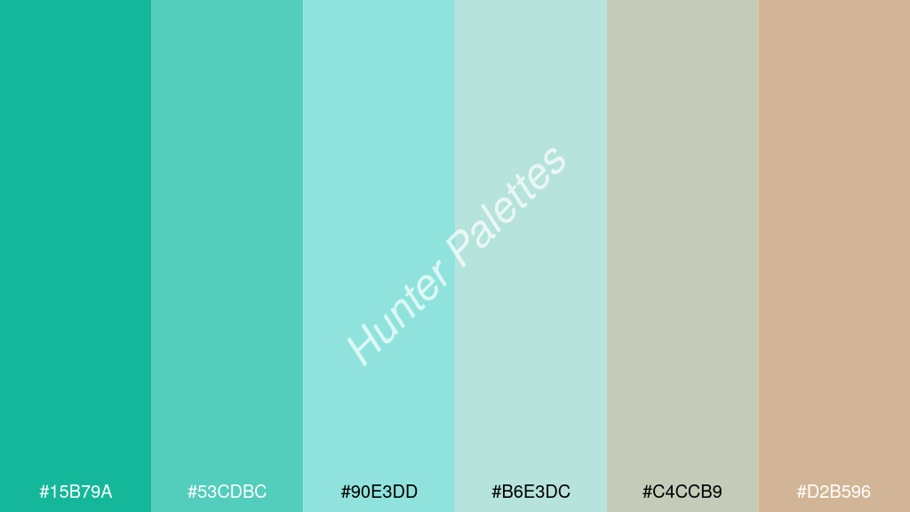 halvány türkiz szín palettája a következőkkel: #15b79a #53cdbc #90e3dd #b6e3dc #c4ccb9 #d2b596