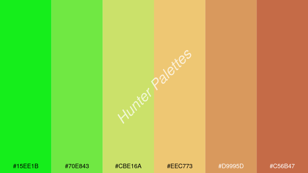 jázmin szín palettája a következőkkel: #15ee1b #70e843 #cbe16a #eec773 #d9995d #c56b47
