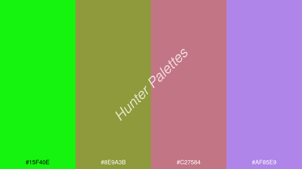 réz szín palettája a következőkkel: #15f40e #8e9a3b #c27584 #af85e9
