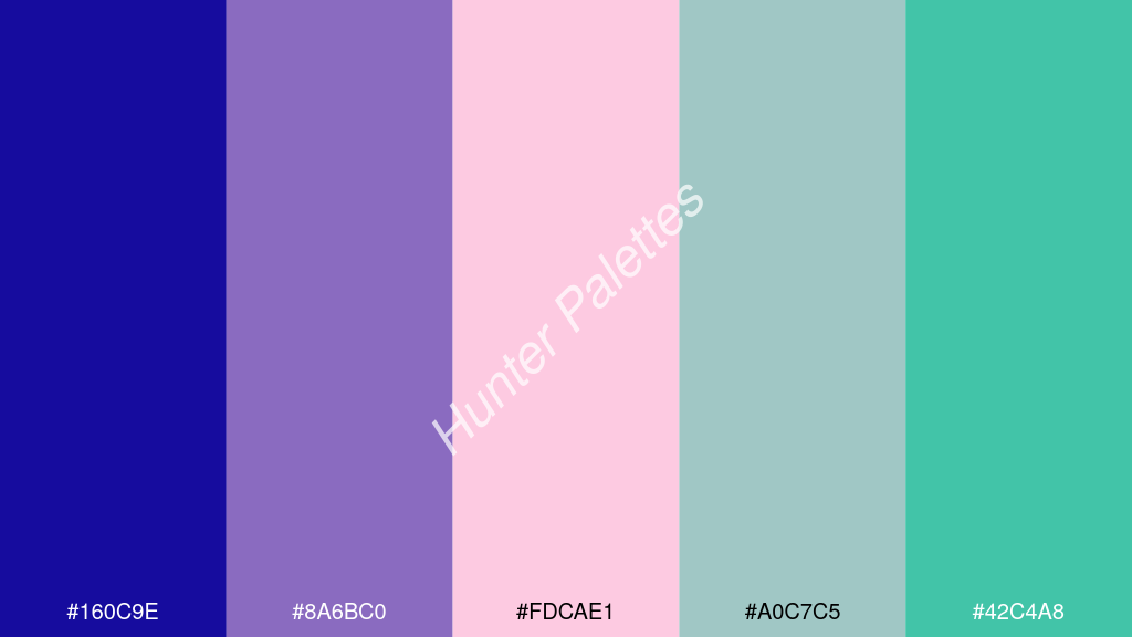 pasztell rózsaszín szín palettája a következőkkel: #160c9e #8a6bc0 #fdcae1 #a0c7c5 #42c4a8