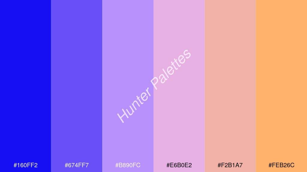 mályva szín palettája a következőkkel: #160ff2 #674ff7 #b890fc #e6b0e2 #f2b1a7 #feb26c