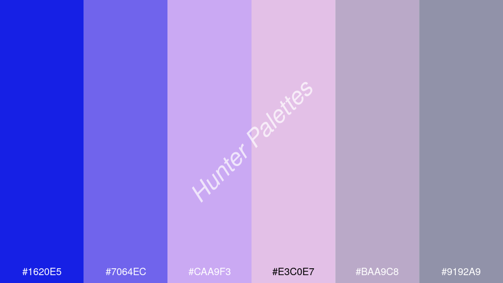 világos rózsaszín szín palettája a következőkkel: #1620e5 #7064ec #caa9f3 #e3c0e7 #baa9c8 #9192a9