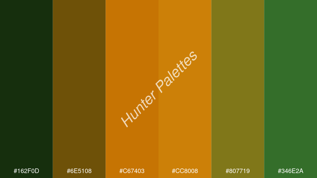 mandarin szín palettája a következőkkel: #162f0d #6e5108 #c67403 #cc8008 #807719 #346e2a