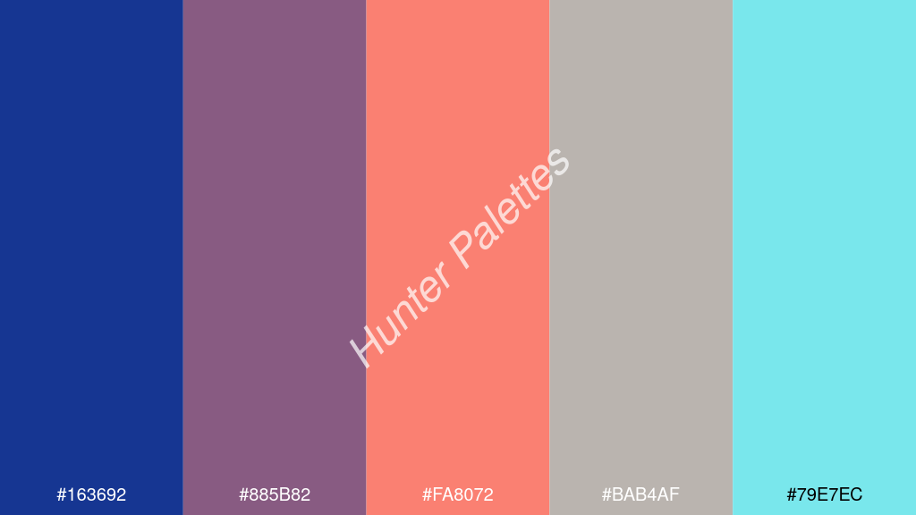 lazac szín palettája a következőkkel: #163692 #885b82 #fa8072 #bab4af #79e7ec