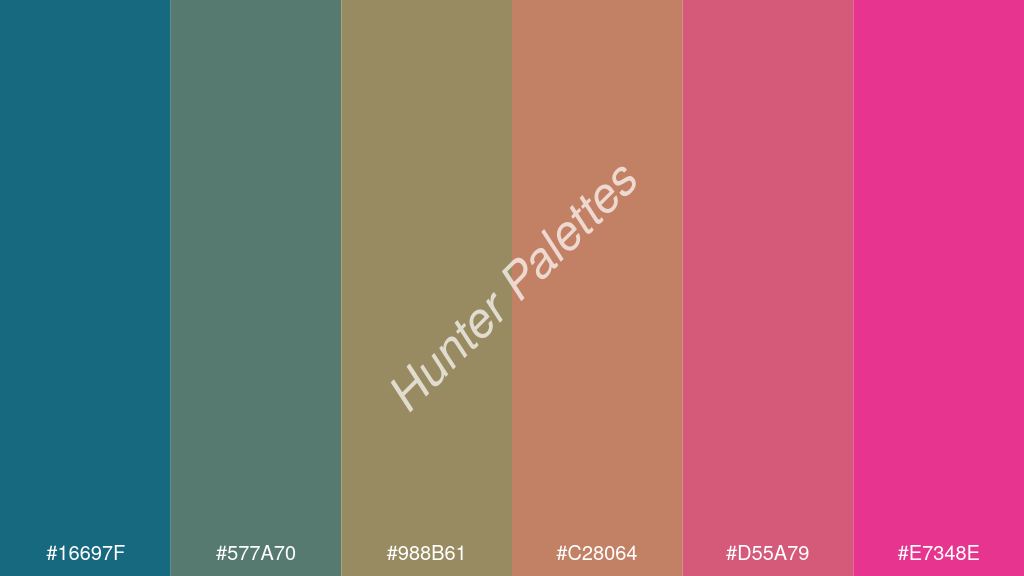 okker szín palettája a következőkkel: #16697f #577a70 #988b61 #c28064 #d55a79 #e7348e