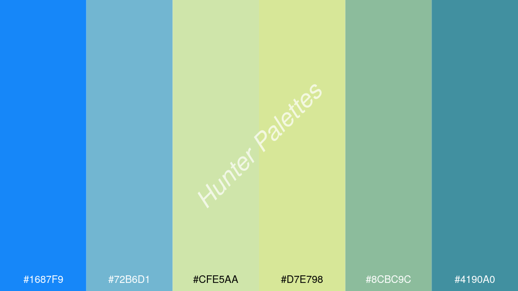 pasztell sárga szín palettája a következőkkel: #1687f9 #72b6d1 #cfe5aa #d7e798 #8cbc9c #4190a0