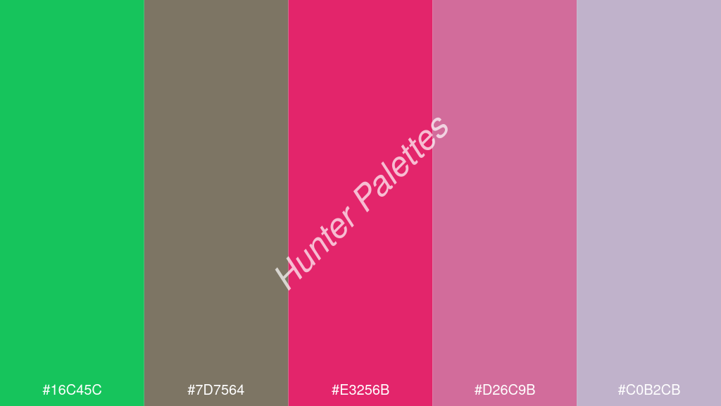 razzmatazz szín palettája a következőkkel: #16c45c #7d7564 #e3256b #d26c9b #c0b2cb