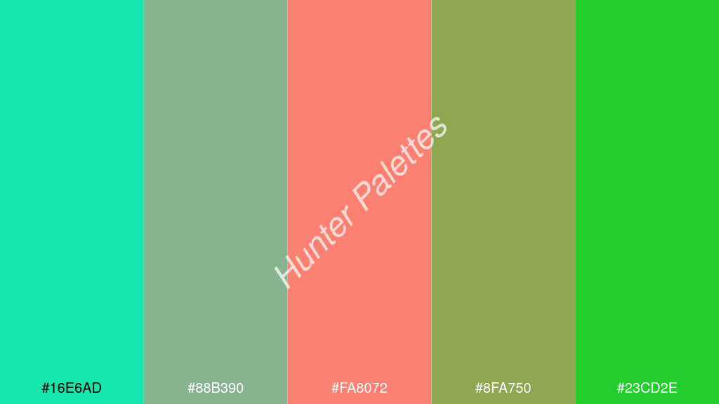 lazac szín palettája a következőkkel: #16e6ad #88b390 #fa8072 #8fa750 #23cd2e
