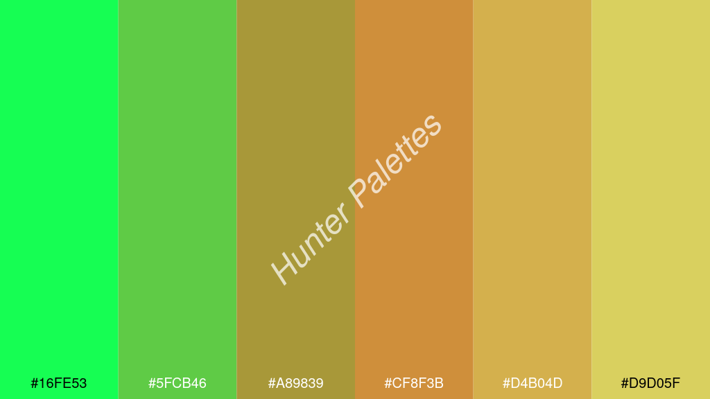bronz szín palettája a következőkkel: #16fe53 #5fcb46 #a89839 #cf8f3b #d4b04d #d9d05f