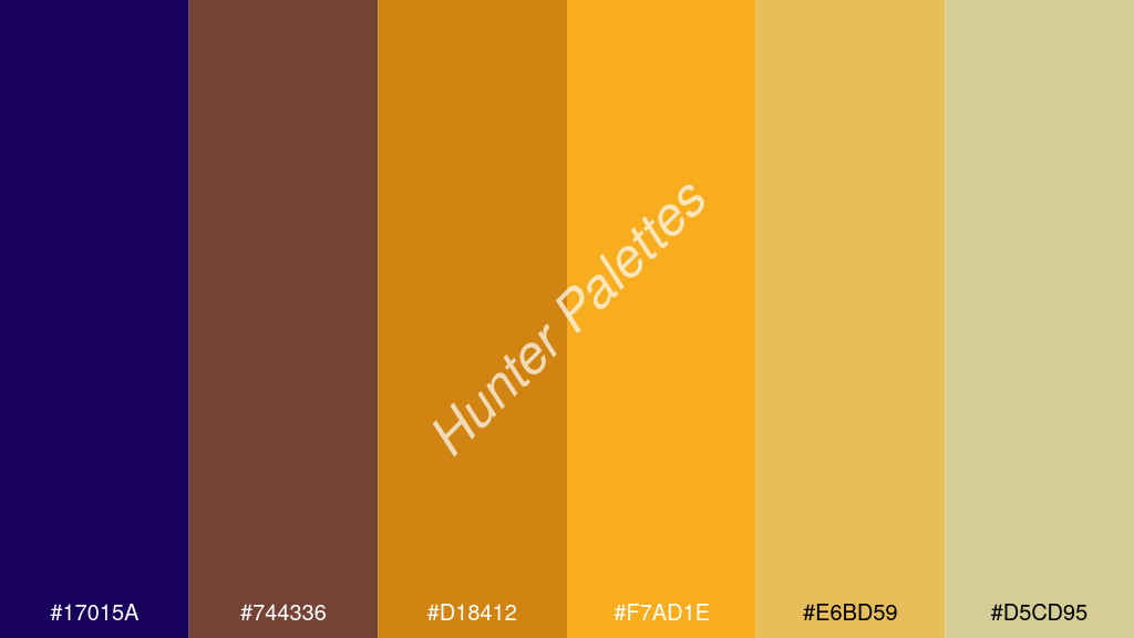 narancssárga szín palettája a következőkkel: #17015a #744336 #d18412 #f7ad1e #e6bd59 #d5cd95