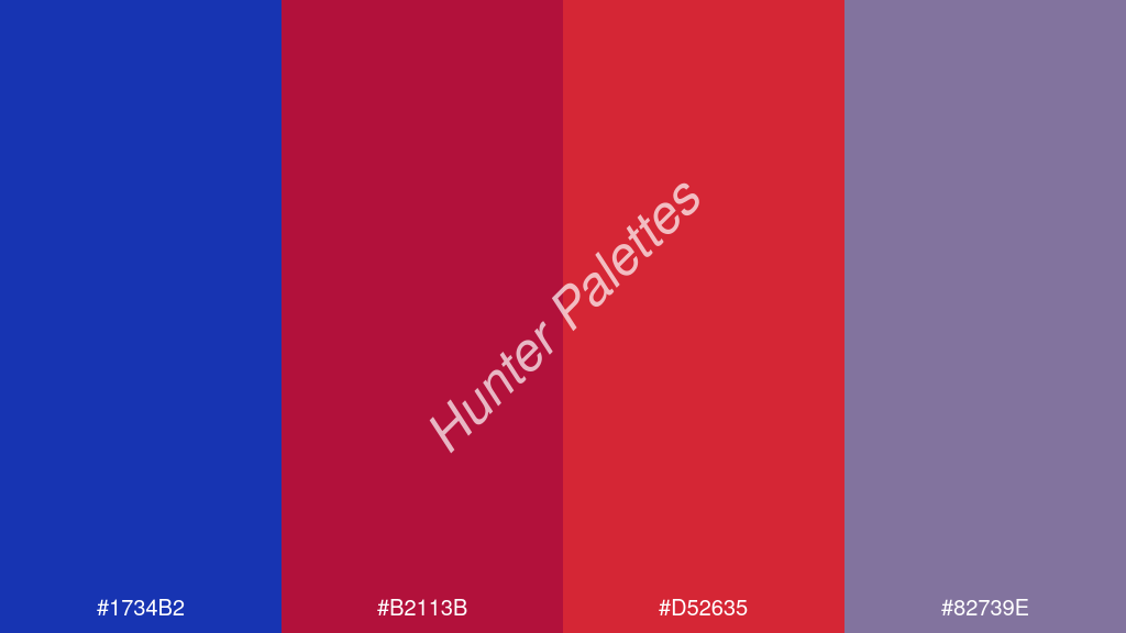 vörös szín palettája a következőkkel: #1734b2 #b2113b #d52635 #82739e