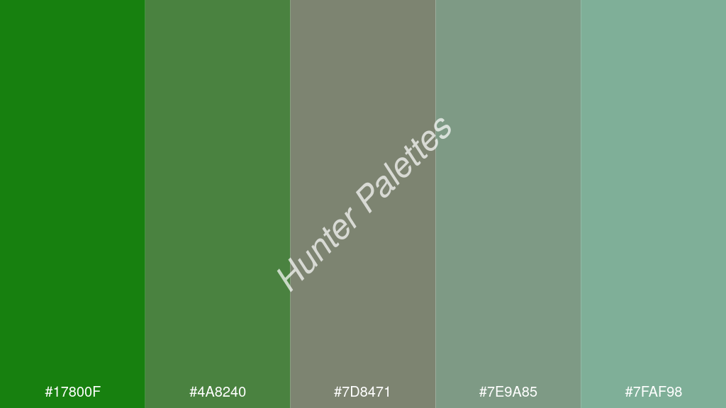 cement szürke szín palettája a következőkkel: #17800f #4a8240 #7d8471 #7e9a85 #7faf98