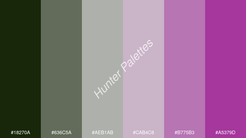 világos szürke szín palettája a következőkkel: #18270a #636c5a #aeb1ab #cab4c8 #b775b3 #a5379d