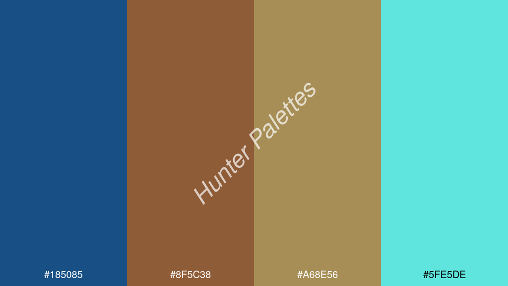 sötét narancs szín palettája a következőkkel: #185085 #8f5c38 #a68e56 #5fe5de