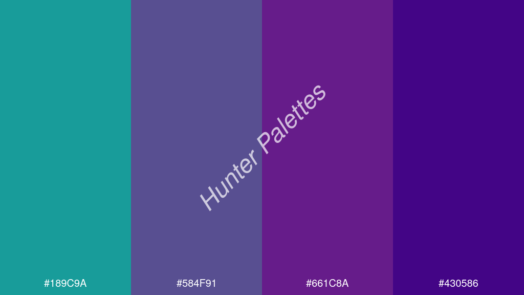 ibolya szín palettája a következőkkel: #189c9a #584f91 #661c8a #430586