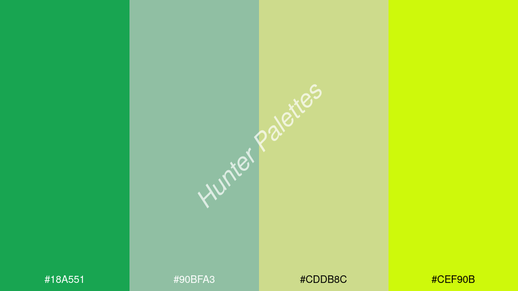 cccccc szín palettája a következőkkel: #18a551 #90bfa3 #cddb8c #cef90b