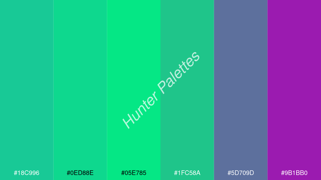 foszforeszkáló zöld szín palettája a következőkkel: #18c996 #0ed88e #05e785 #1fc58a #5d709d #9b1bb0