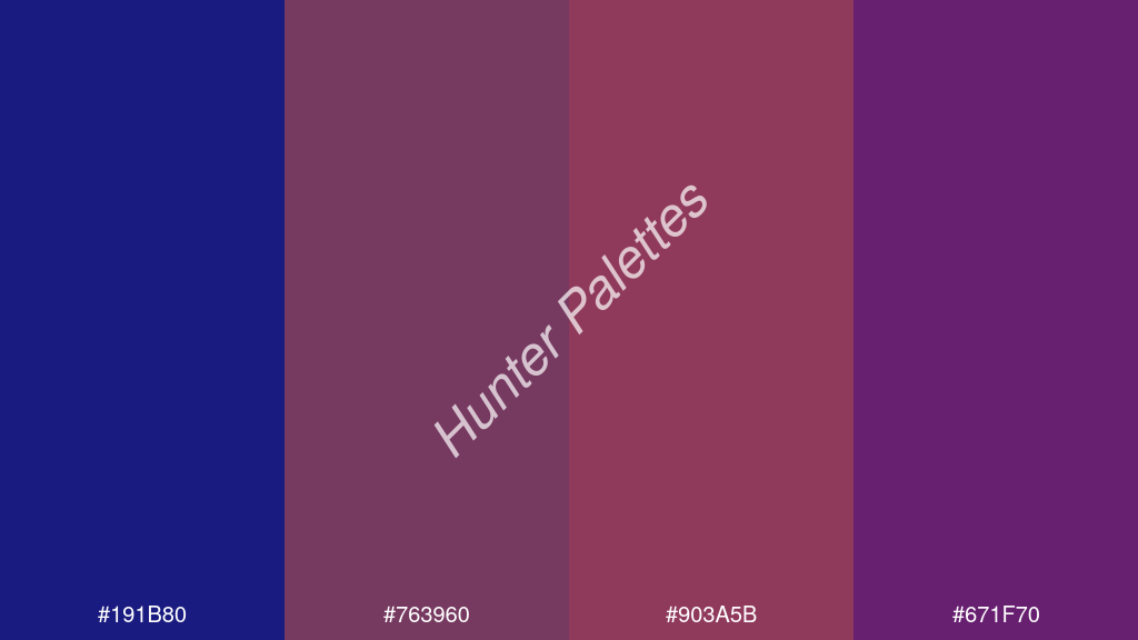 mahagóni szín palettája a következőkkel: #191b80 #763960 #903a5b #671f70