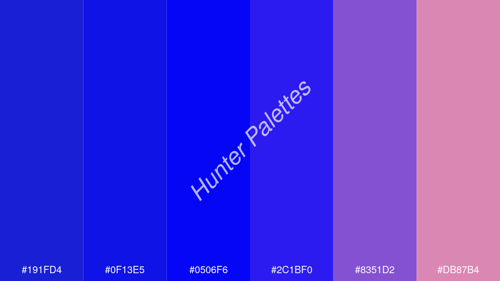 kék szín palettája a következőkkel: #191fd4 #0f13e5 #0506f6 #2c1bf0 #8351d2 #db87b4