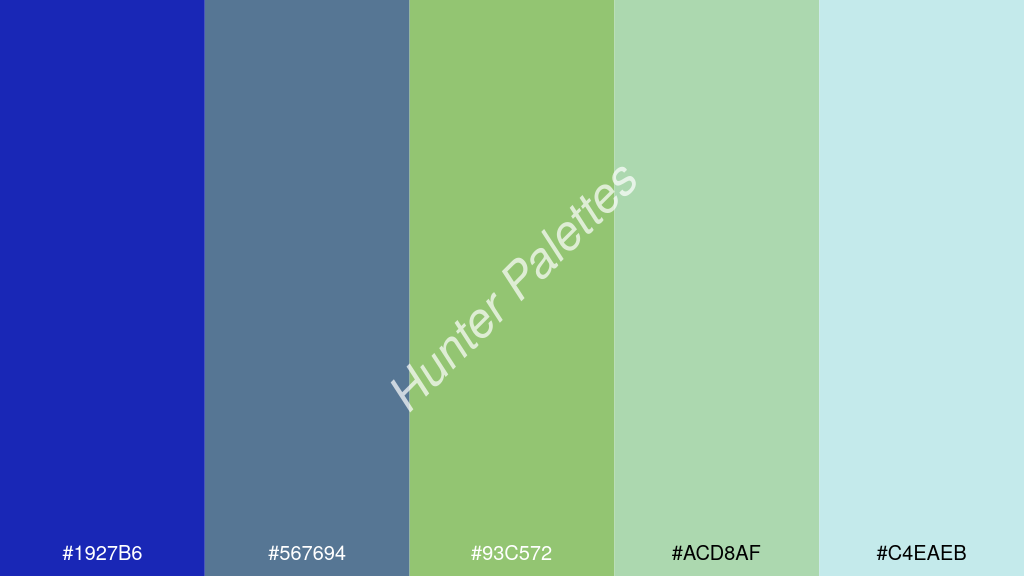 pisztáciazöld szín palettája a következőkkel: #1927b6 #567694 #93c572 #acd8af #c4eaeb