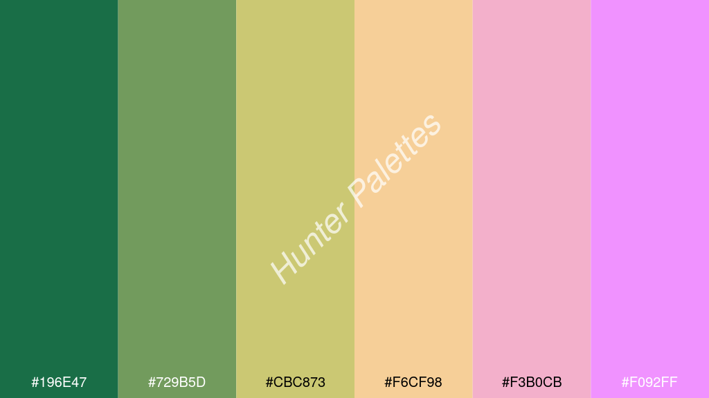jázmin szín palettája a következőkkel: #196e47 #729b5d #cbc873 #f6cf98 #f3b0cb #f092ff