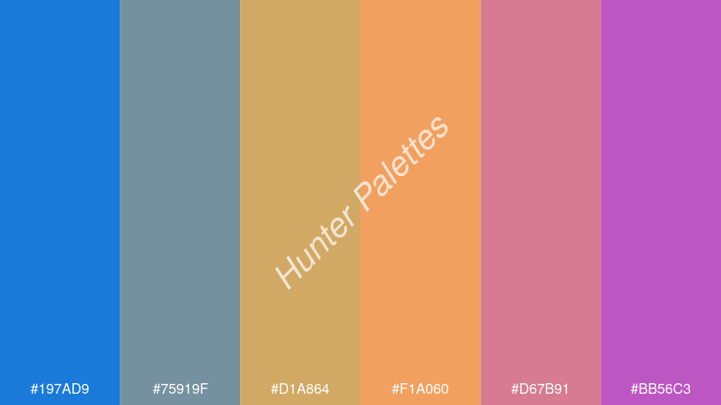 pasztell narancssárga szín palettája a következőkkel: #197ad9 #75919f #d1a864 #f1a060 #d67b91 #bb56c3