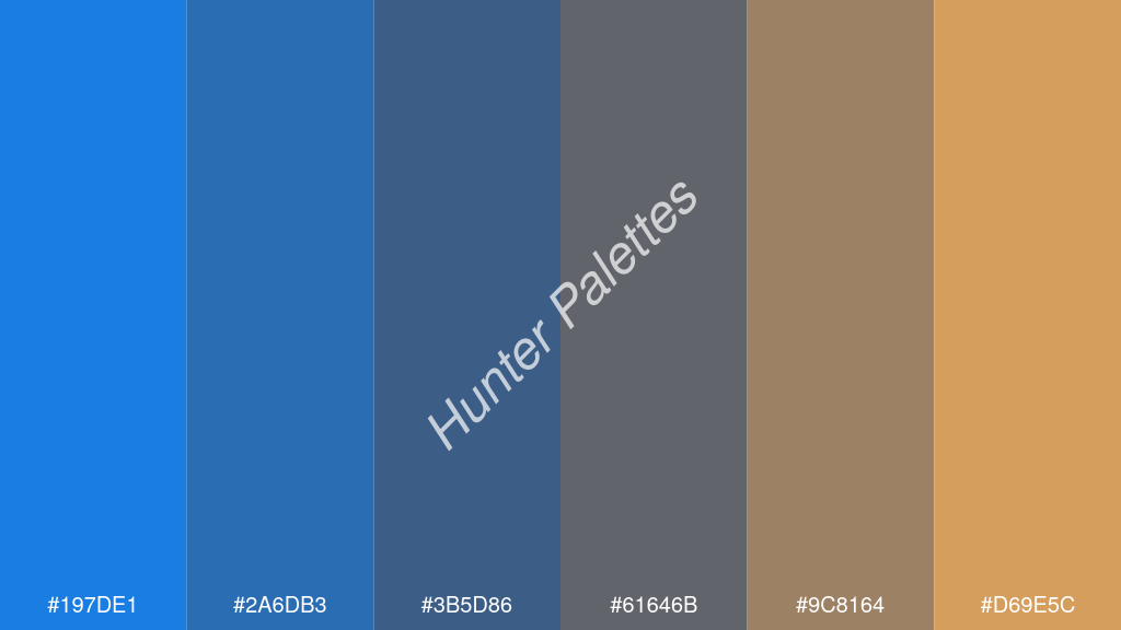 kékes szürke szín palettája a következőkkel: #197de1 #2a6db3 #3b5d86 #61646b #9c8164 #d69e5c